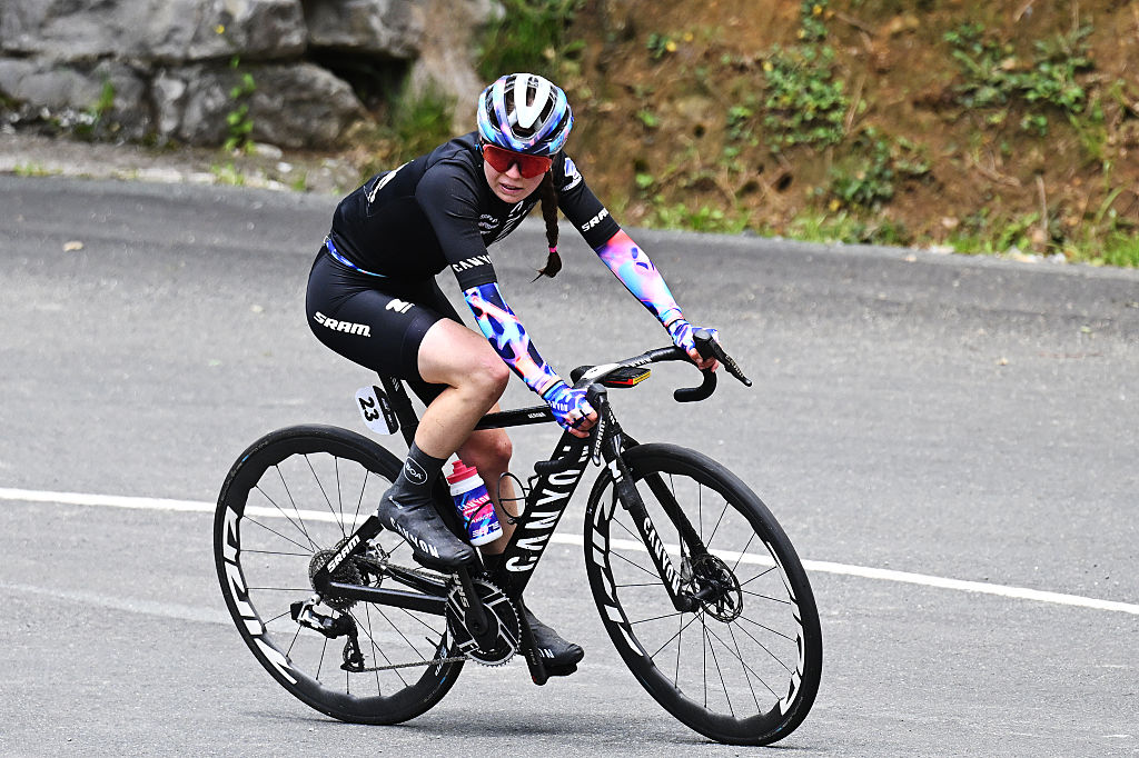 ZARAUTZ, SPAIN - MAY 15: Antonia Niedermaier of Germany and Team CANYON//SRAM zondacrypto competes in the breakaway during the 5th Itzulia Women 2026, Stage 1 a 121.3km stage from Zarautz to Zarautz / #UCIWWT / on May 15, 2026 in Zarautz, Spain. (Photo by Szymon Gruchalski/Getty Images)