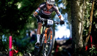 LES GETS, FRANCE - AUGUST 31: Mathieu Van Der Poel of Netherlands and Team Alpedin - Deceuninck competes during the Cross Country Race during the UCI Mountain Bike World Series Les Gets on August 31, 2025 in Les Gets, France. (Photo by Billy Ceusters/Getty Images)