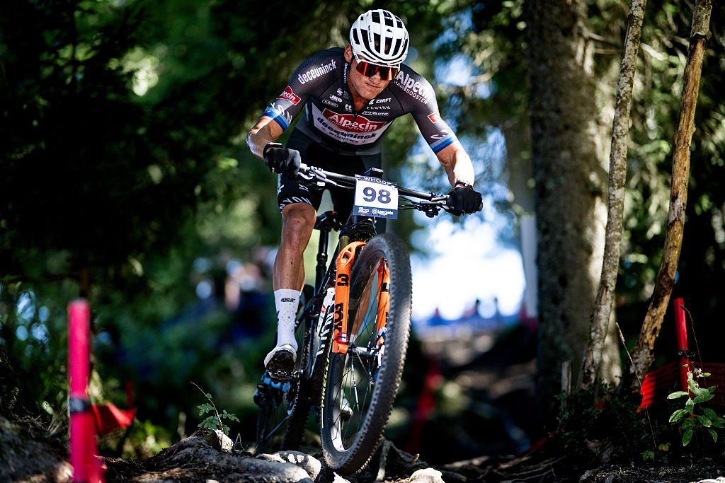 LES GETS, FRANCE - AUGUST 31: Mathieu Van Der Poel of Netherlands and Team Alpedin - Deceuninck competes during the Cross Country Race during the UCI Mountain Bike World Series Les Gets on August 31, 2025 in Les Gets, France. (Photo by Billy Ceusters/Getty Images)