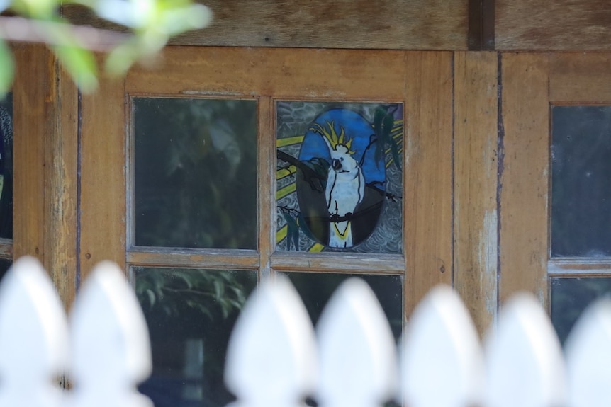 A stained glass cockatoo in a front door. Picture taken over the fence.