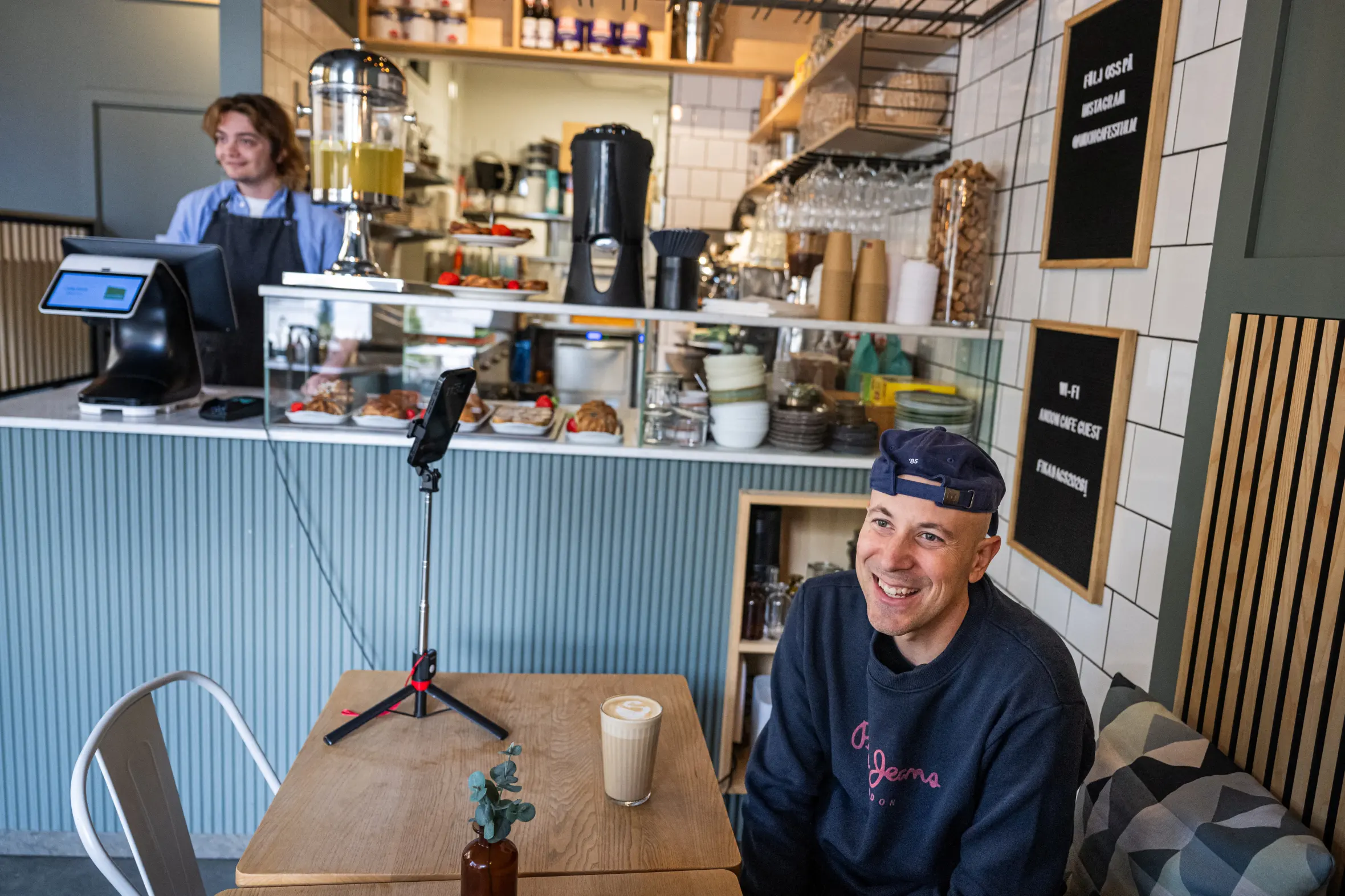Andreu Vizquerra, a 42-year-old tourist from Spain, is pictured at the Andon Café in Stockholm.