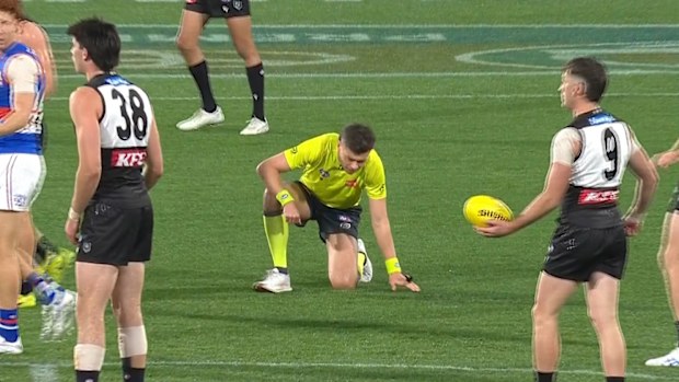 AFL umpire Daniel Johanson down and hurt.
