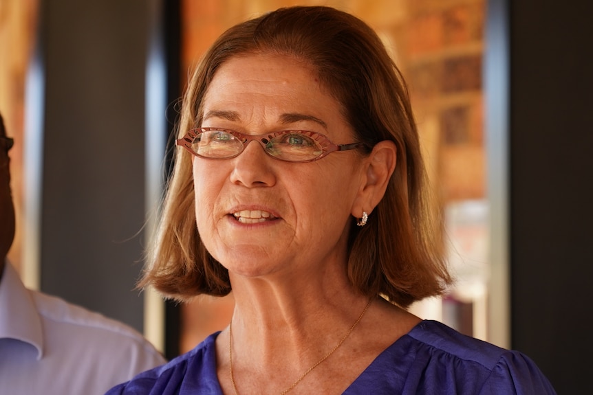 A woman with shoulder length brown hair and glasses at a press conference. Sandy brick background.