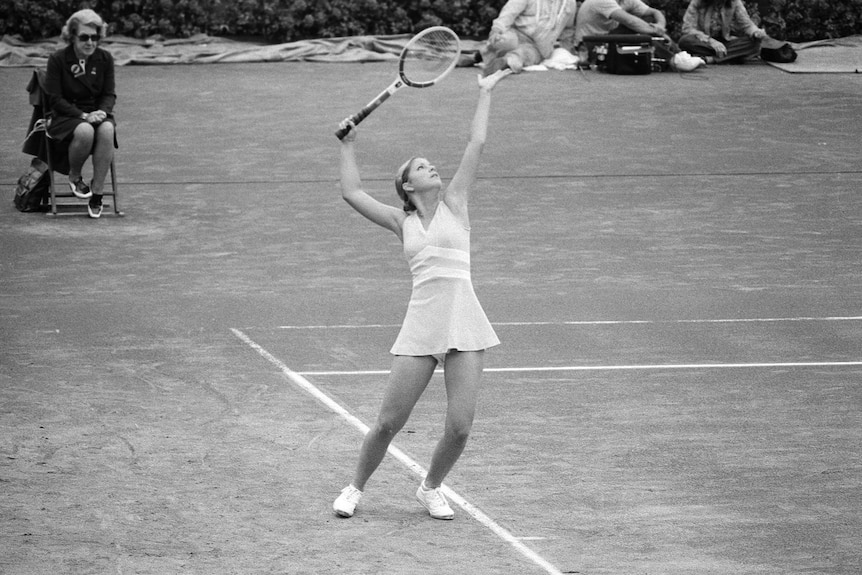 Chris Evert serves in black and white