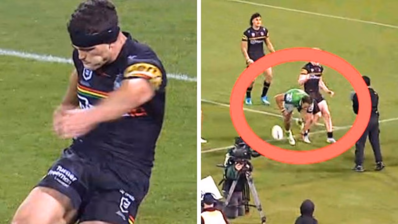 Nathan Cleary produces bizarre kick during Penrith Panthers NRL win over Canberra Raiders on Mother’s Day