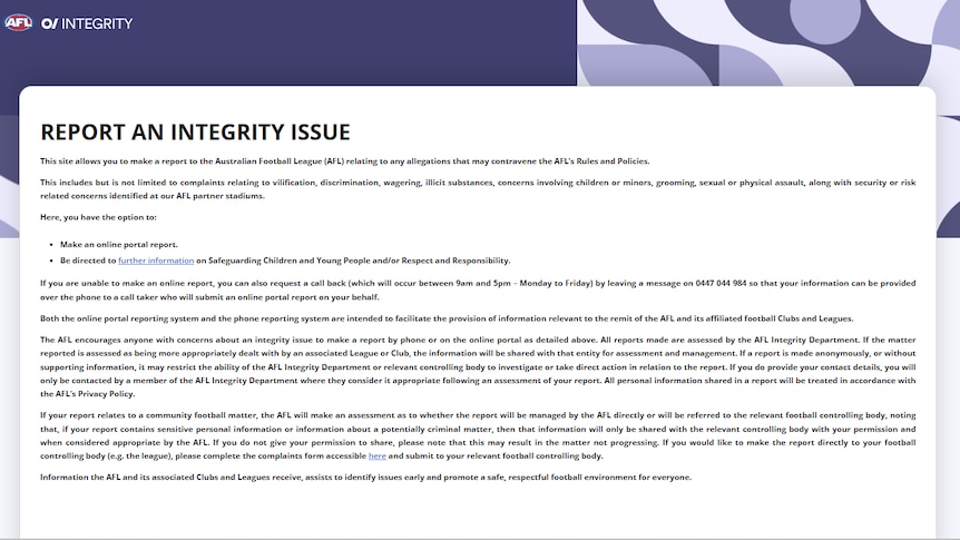 Screenshot of the AFL Integrity reporting portal.