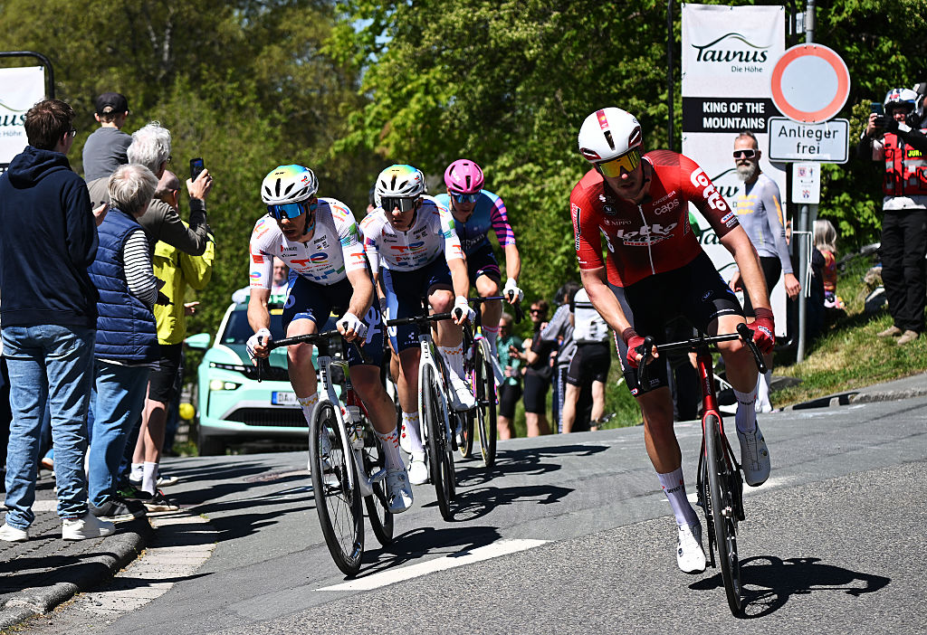 FRANKFURT AM MAIN, GERMANY - MAY 01: (L-R) Samuel Leroux of France, Thomas Gachignard of France and Team TotalEnergies, Matyas Kopecky of Czech Republic and Team Unibet Rose Rockets and Jonas Rutsch of Germany and Team Lotto Intermarche compete in the breakaway during the 63rd Eschborn-Frankfurt 2026 a 211.4km one day race from Eschborn to Frankfurt am Main / #UCIWT / on May 01, 2026 in Frankfurt am Main, Germany. (Photo by Christian Kaspar-Bartke/Getty Images)