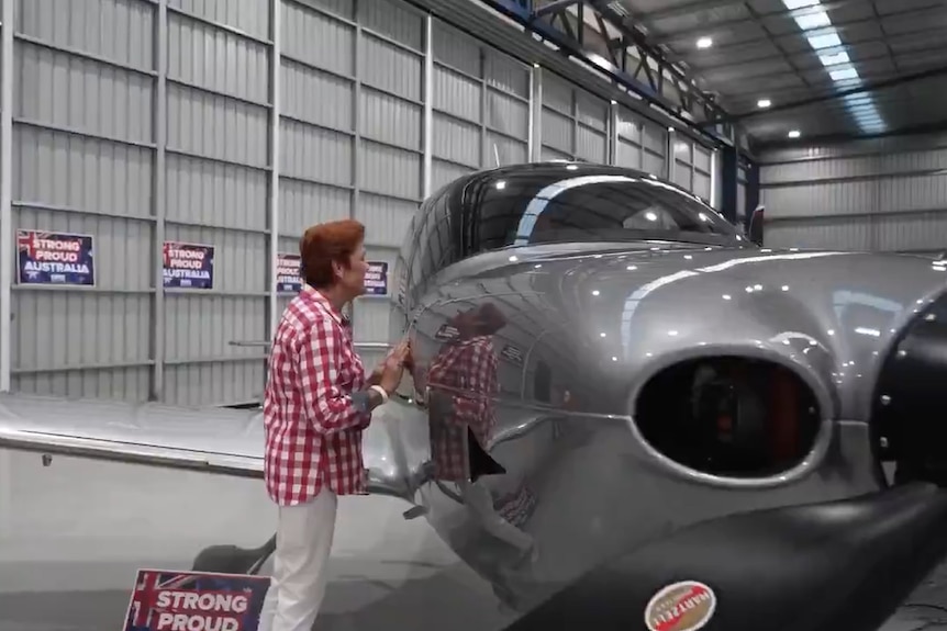 Pauline Hanson peers into the cockpit of a light aircraft.