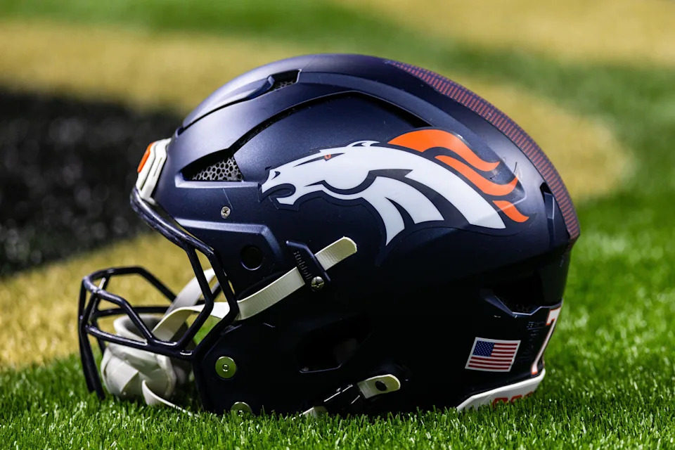 Aug 23, 2025; New Orleans, Louisiana, USA; Detailed view of the Denver Broncos helmet against the New Orleans Saints during warmups at Caesars Superdome. Mandatory Credit: Stephen Lew-Imagn Images