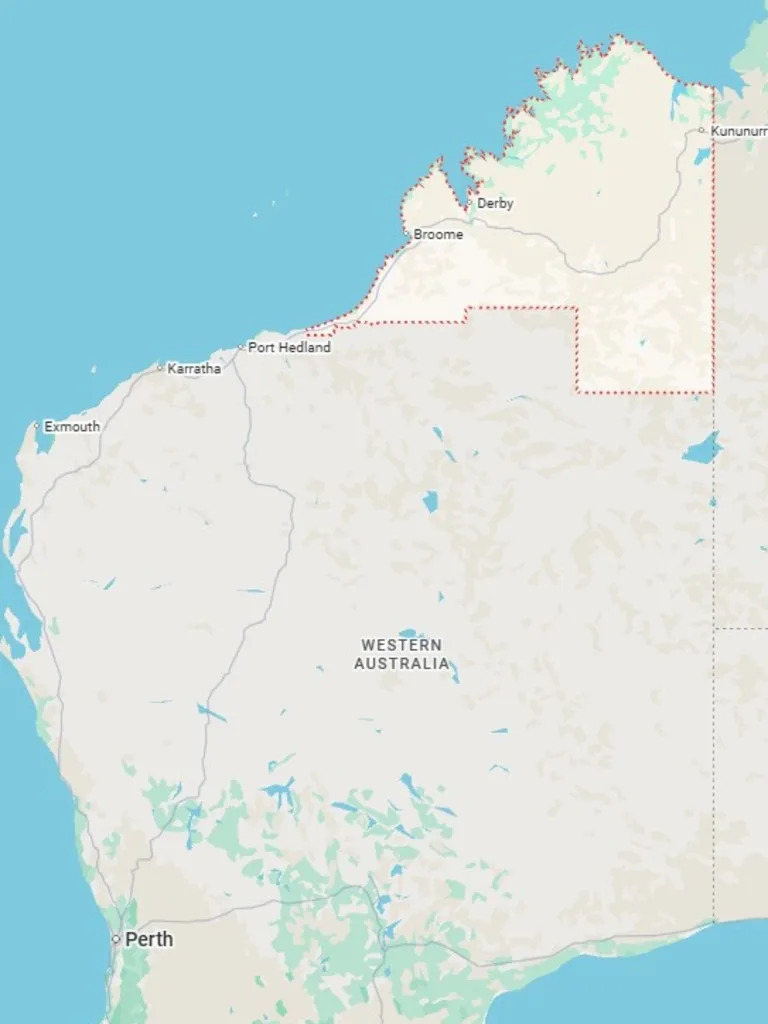 The Kimberley is a vast, sparsely populated region of WA, with the majority of the population spread between Broome, Kununurra and Derby. Picture: Google