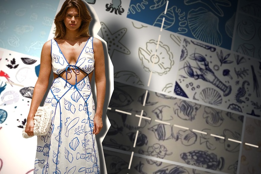 A woman in a dress with an aquatic print design with various other aquatic prints in the background. 