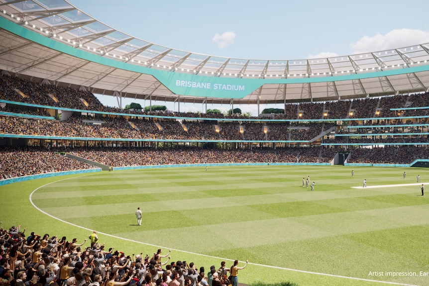 An artists impression of a stadium with people playing cricket. 