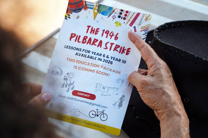 A white pamphlet advertising an upcoming online learning package about 'The 1946 Pilbara Strike'