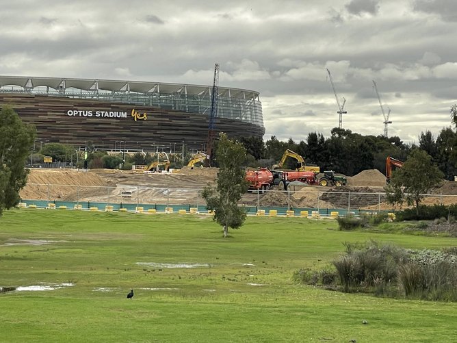 Outside Optus Stadium before grass was removed.