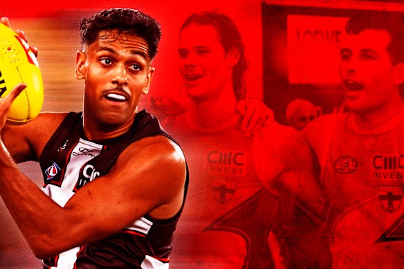 St Kilda weapons Nasiah Wanganeen-Milera, Tom De Koning and Rowan Marshall.