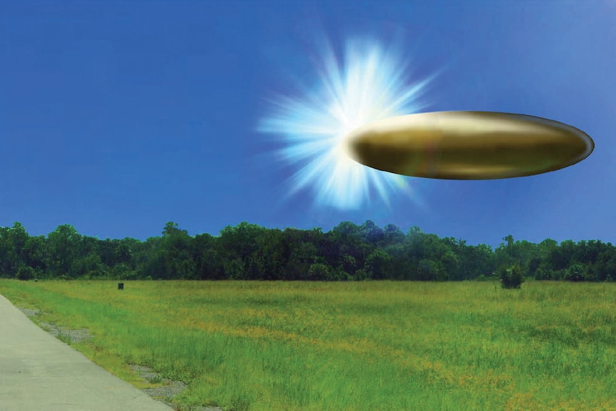 An illustration of a flying saucer over a grassy field