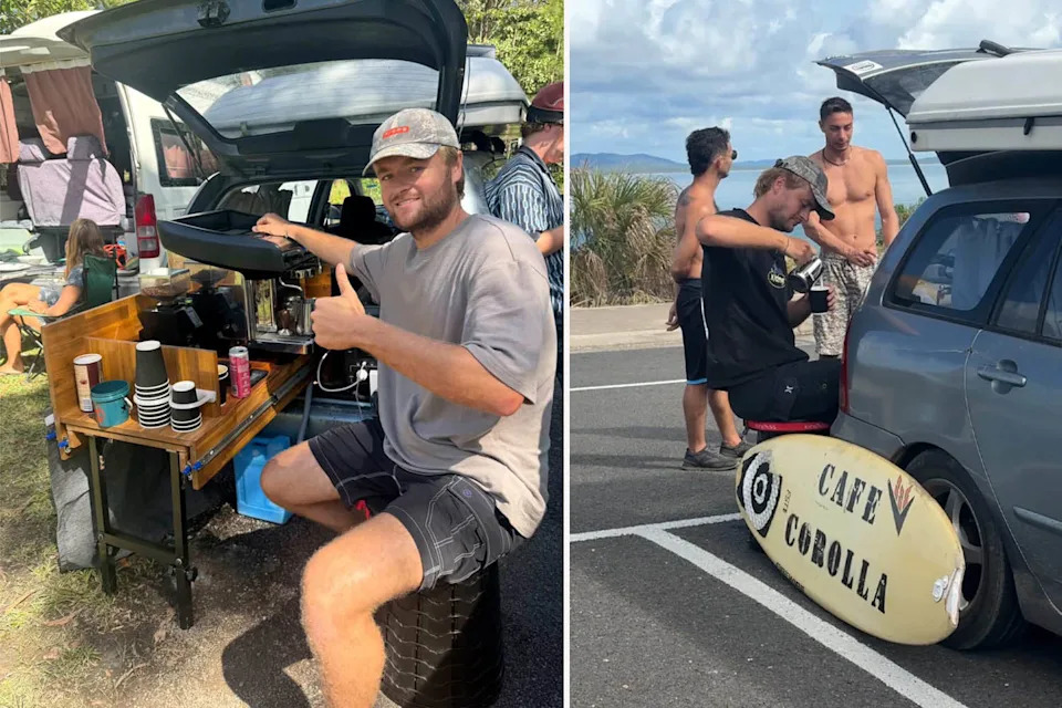 Left: Jonny Charles gives the thumbs up while running Cafe Corolla. Right: Jonny pouring a coffee as customers wait.