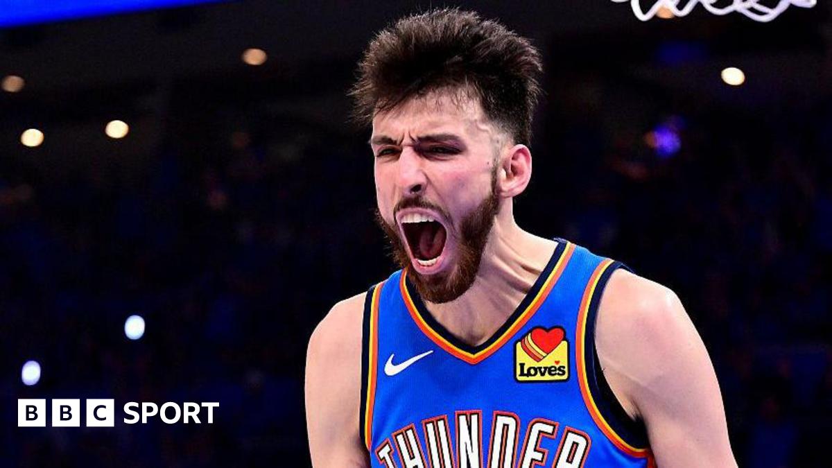 Chet Holmgren celebrates after scoring for the Oklahoma City Thunder during game one of their NBA play-off series with the Los Angeles Lakers in May 2026