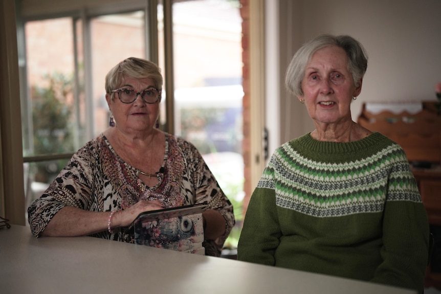 Two women sit at a kitchen bench looking at camera.
