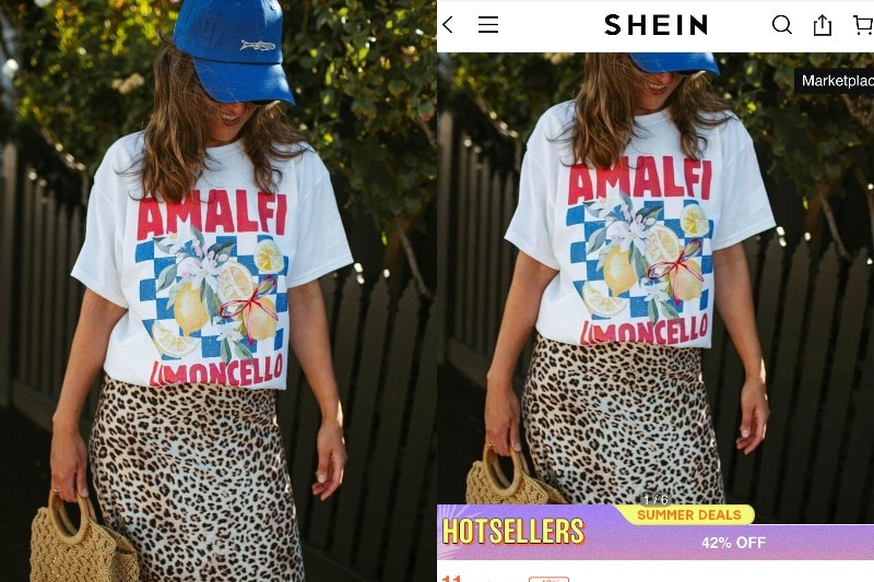 A composite image of a girl wearing a shirt with a lemon design next to the same image on shein.