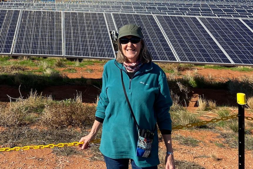 A researcher standing with solar panels.