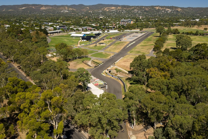 A narrow bitumen road runs between trees and large patches of grass