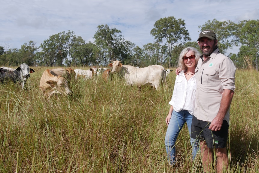 Man and woman smile in cow paddock.