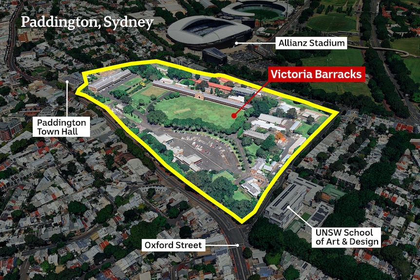 Map highlighting Sydney's Victoria Barracks showing surrounds including Allianz stadium and UNSW.