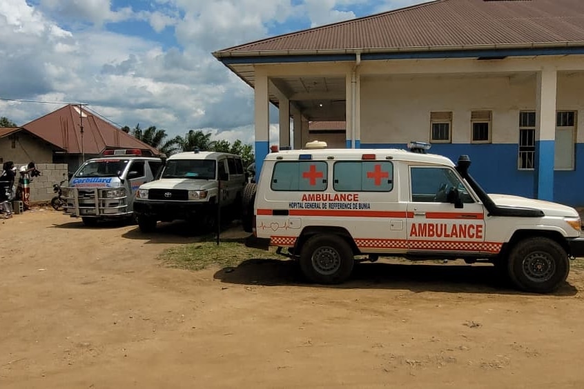 Ambulances are parked outside a hospital in Bunia, Congo.