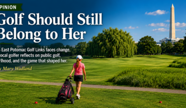 Editorial feature image showing a young girl golfer pulling a golf bag on a push cart across East Potomac Golf Links in Washington, DC, with the Washington Monument in the background and headline text reading “Golf Should Still Belong to Her” by Mary Wadland.