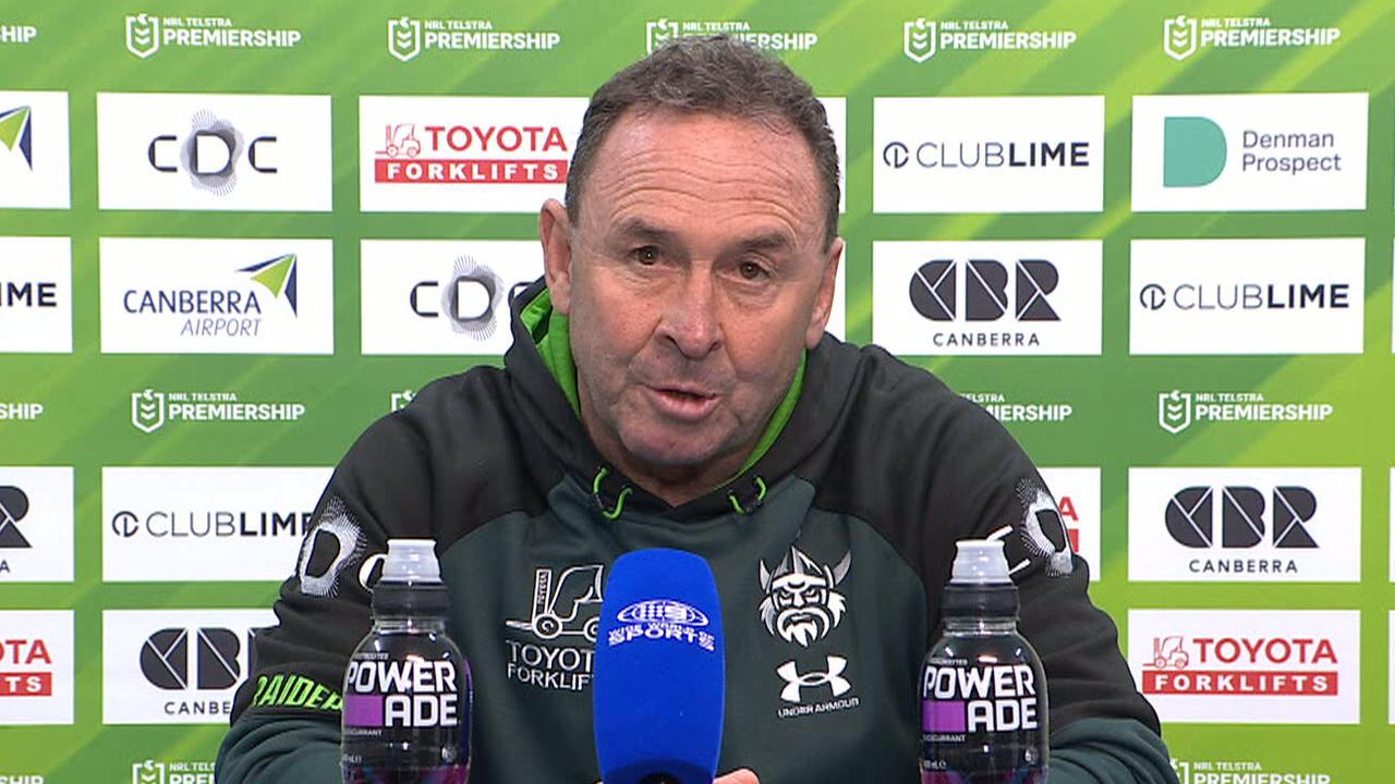 NRL 2026: Ricky Stuart press conference after Raiders loss to Dolphins, watch, replay, refereeing, six agains
