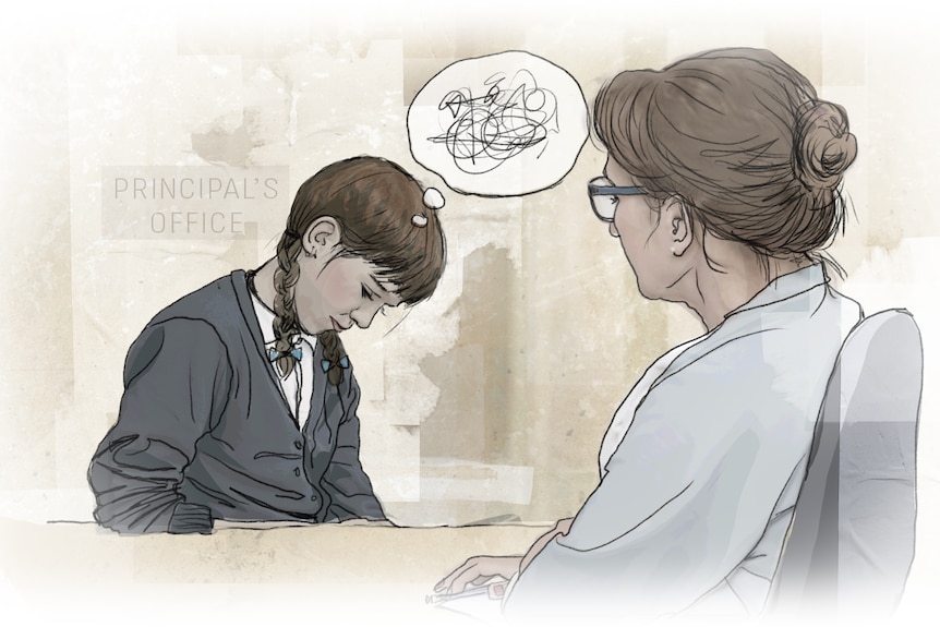 Art work showing a girl student in a principle's office with her head downcast and scribbles above her head