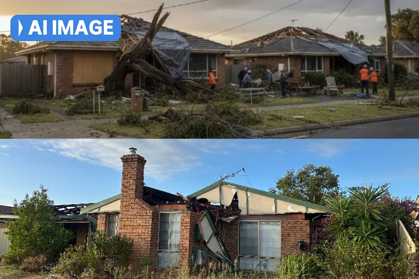 A comparison between an AI generated image and a photograph of storm damage done to a home