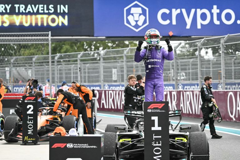TOPSHOT - Mercedes' Italian driver Kimi Antonelli celebrates after winning the 2026 Miami Formula One Grand Prix at Miami International Autodrome in Miami Gardens, Florida, on May 3, 2026. (Photo by CHANDAN KHANNA / AFP)