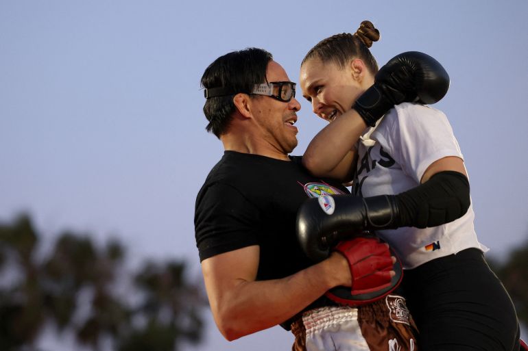 VENICE, CALIFORNIA - MAY 13: Ronda Rousey participates in training during the Open Workout for Netflix's Ronda Rousey vs. Gina Carano at Venice Beach on May 13, 2026 in Venice, California. Sarah Stier/Getty Images for Netflix/AFP (Photo by Sarah Stier / GETTY IMAGES NORTH AMERICA / Getty Images via AFP)