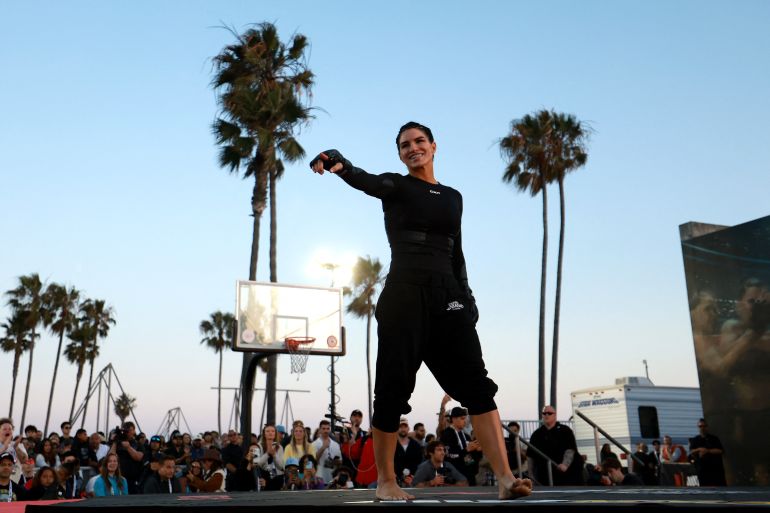 VENICE, CALIFORNIA - MAY 13: Gina Carano particpates in training during the Open Workout for Netflix's Ronda Rousey vs. Gina Carano at Venice Beach on May 13, 2026 in Venice, California. Sarah Stier/Getty Images for Netflix/AFP (Photo by Sarah Stier / GETTY IMAGES NORTH AMERICA / Getty Images via AFP)
