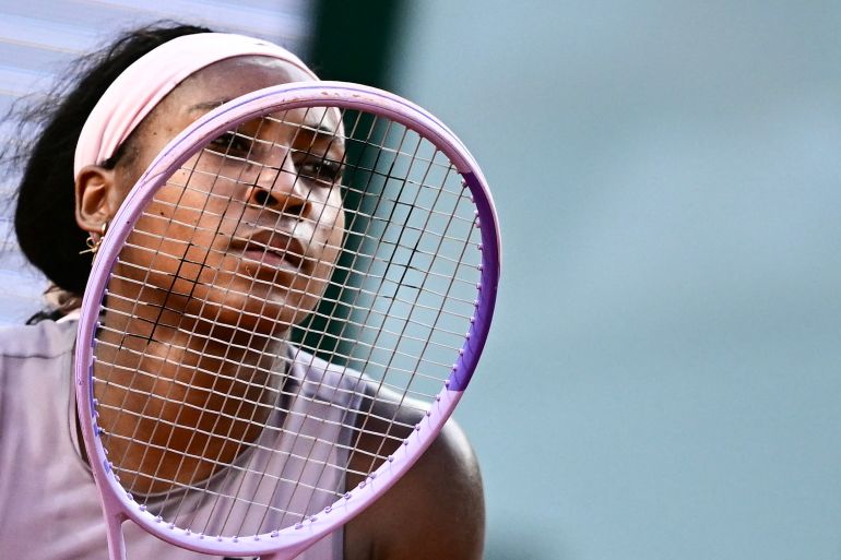 US Coco Gauff looks on as she plays against Austria's Anastasia Potapova during their women's singles match on day 7 of the French Open tennis tournament on Court Philippe-Chatrier at the Roland-Garros Complex in Paris on May 30, 2026. (Photo by JULIEN DE ROSA / AFP)