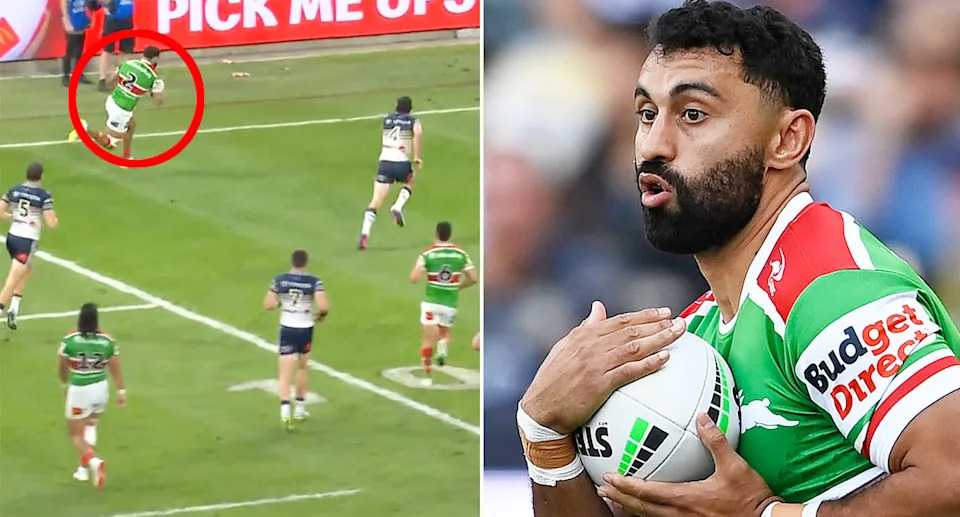 Souths winger Alex Johnston became the first man in the NRL era to score in his first 10 games of the season during Sunday's loss to the Cowboys. Pic: Nine/Getty