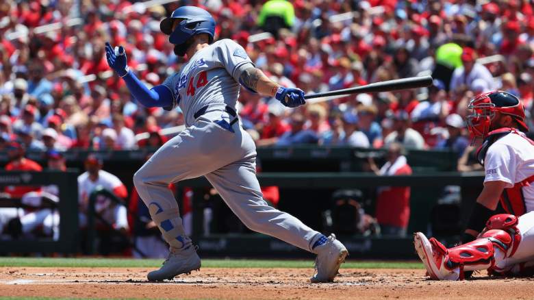 Los Angeles Dodgers outfielder Andy Pages swings during game against Astros after making MLB history with three home runs.