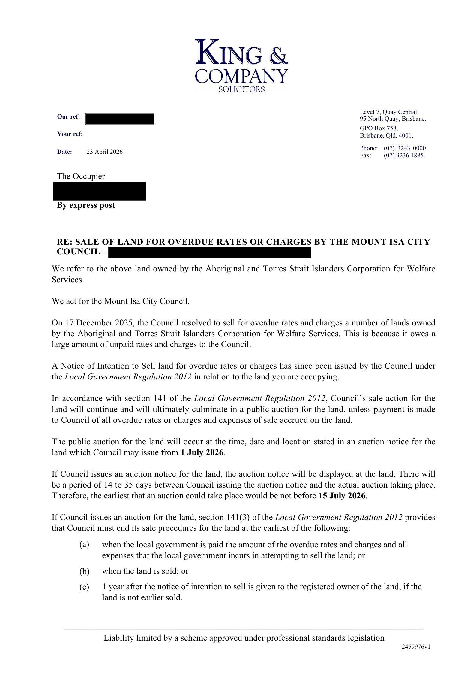 A letter from a legal firm informing a tenant that the council will sell the property they are living in.