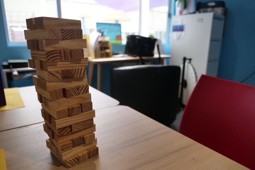 A jenga tower on a desk