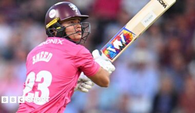 Will Smeed looks on after playing a shot while batting for Somerset