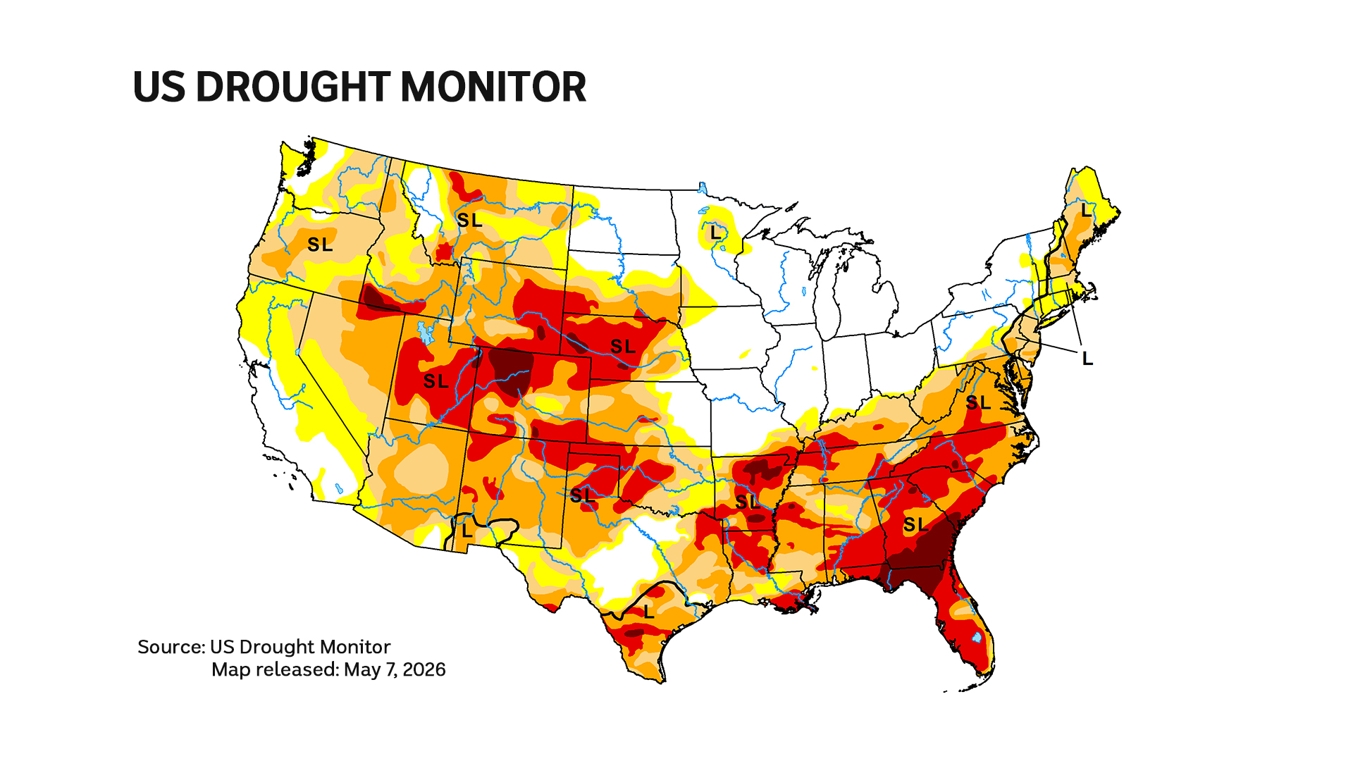 Map showing areas of the US in drought