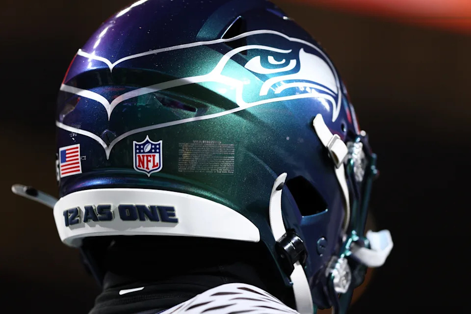 Dec 18, 2025; Seattle, Washington, USA; Detail view of the Seattle Seahawks helmet before the game against the Los Angeles Rams at Lumen Field. Mandatory Credit: Kevin Ng-Imagn Images