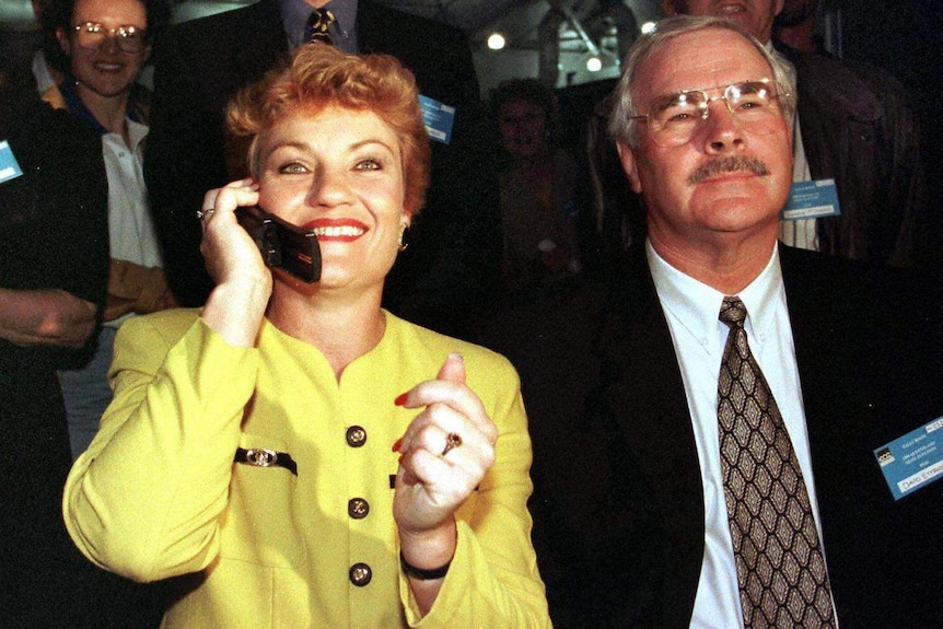 A historic picture of Pauline Hanson talking on a mobile