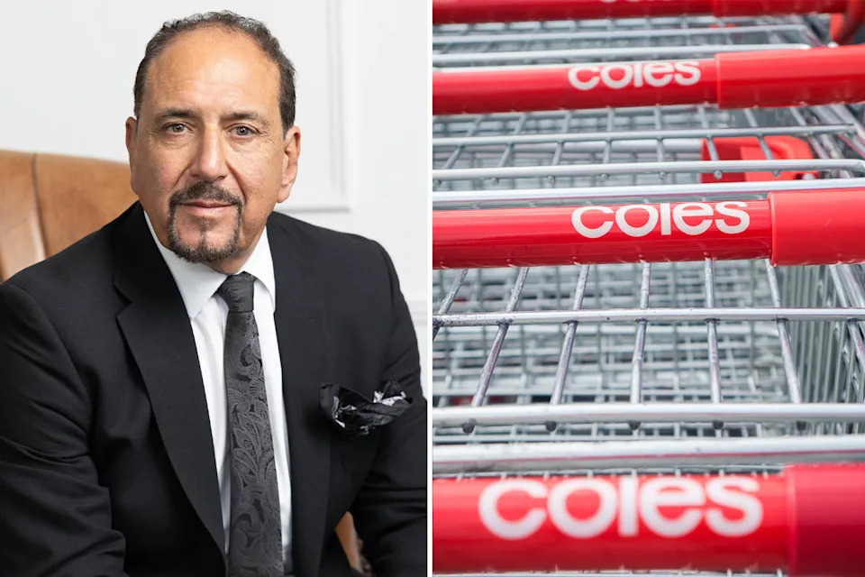 Gerard Malouf sitting on a chair (left) a stack of Coles trolleys (right)