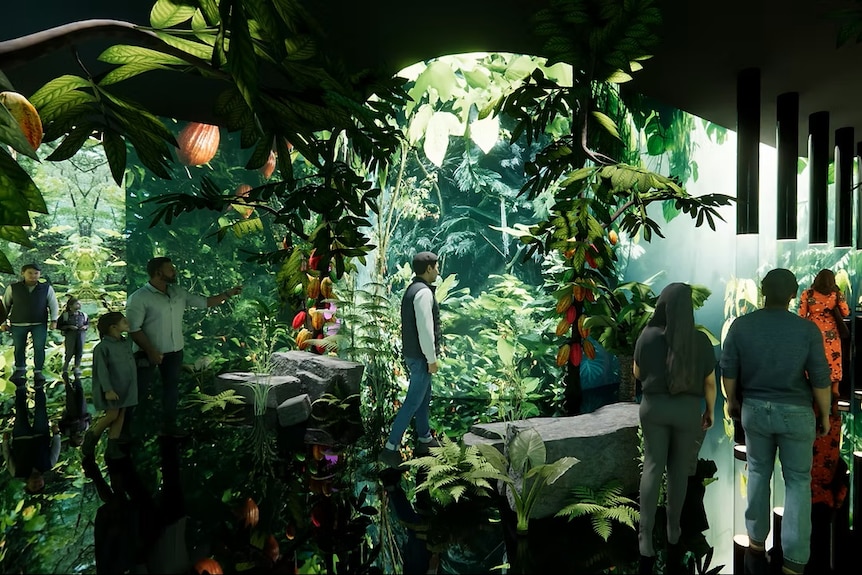Concept art for an interior forest, with people walking around.