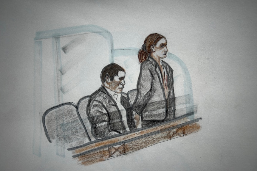 A sketch of a man in a suit with a woman standing alongside him in a courtroom dock