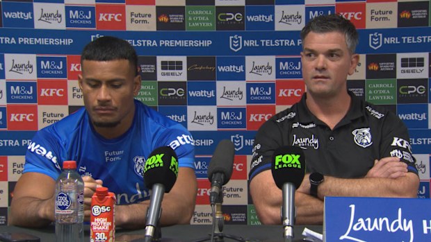 Bulldogs coach Cameron Ciraldo speaks to media alongside Stephen Crichton.