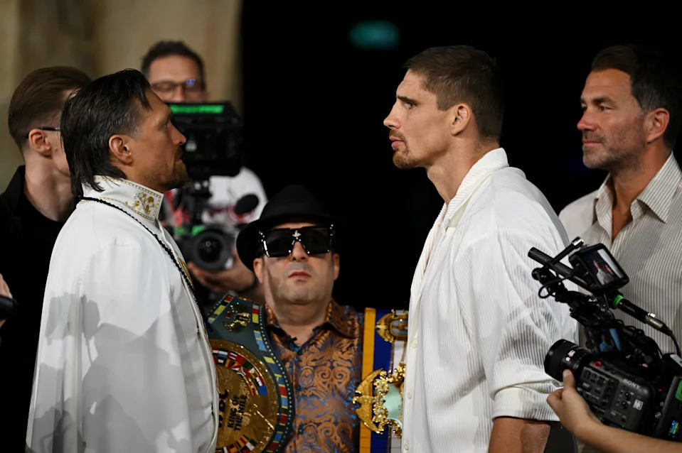 CAIRO, EGYPT - MAY 21: Oleksandr Usyk faces off with Rico Verhoeven during a Glory in Giza Press Conference ahead of the WBC heavyweight at Grand Egyptian Museum on May 21, 2026 in Cairo, Egypt. (Photo by Mohamed Hossam/Getty Images)